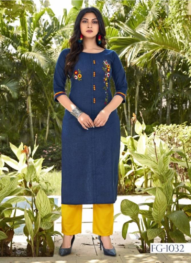 Blue Pure Cotton With Embroidery Hand Work Ready Made Top and Pant Kurtis 1032
